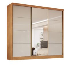 Roupeiro Casal Bérgamo 03 Portas C/Espelho Nature com Off White Larg. 2,70m