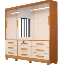 Guarda-roupa Casal Grécia Nature/Off 03 Portas 09 Gavetas C/ Espelho 100% MDF Larg. 1.80m