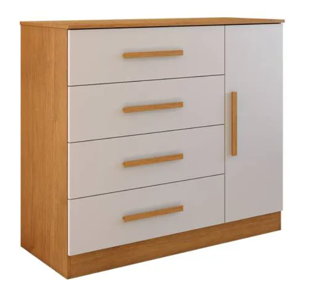 Cômoda Zeus 04 gavetas 01 porta Nature com Off White larg.: 1,18m